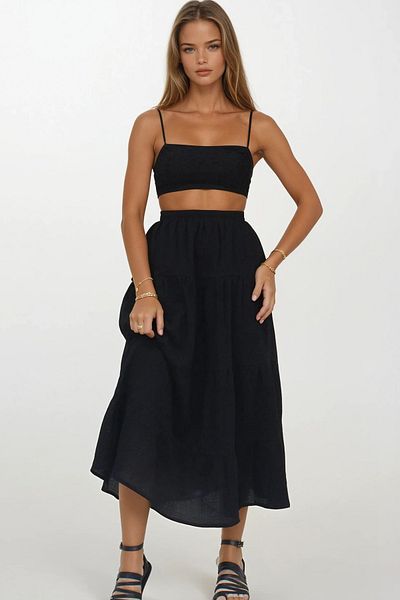 VAGGON Women's Black Lined Layered Flounce Midi Length Skirt Vs00276