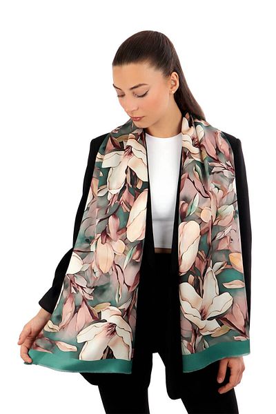 Bursa İpek Green Silk Scarf - Daffodil Pattern