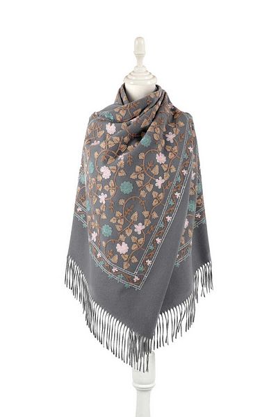 Bursa İpek Gray Embroidered Winter Shawl