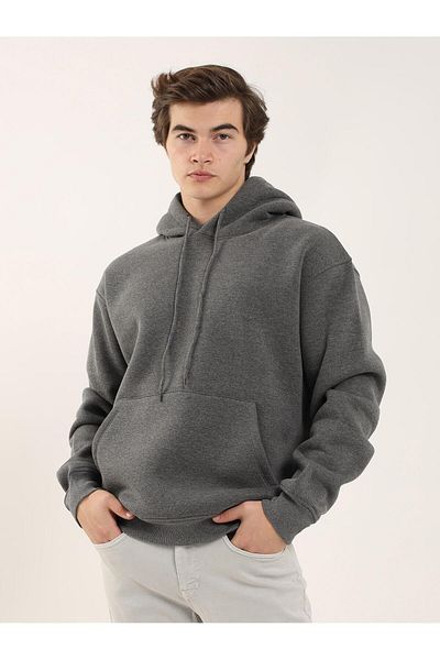 Dufy Anthracite Men's Oversize Plain Cotton Hooded Sweat-Shirt - 103737