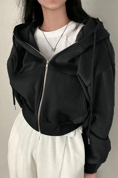 Köstebek Cardigan crop cu glugă din țesătură groasă neagră