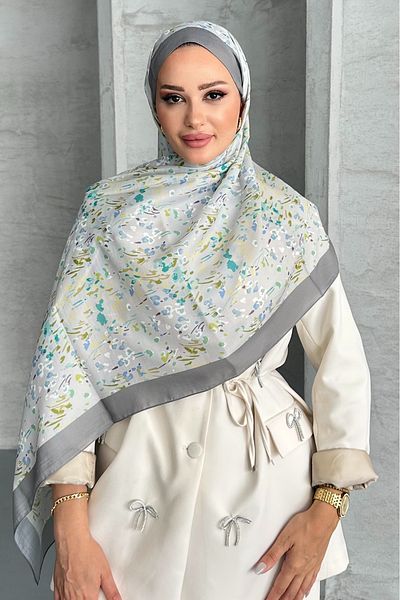 Stella Eşarp Ethnic Leopard Flower Pattern Gray Color Soft Cotton Shawl