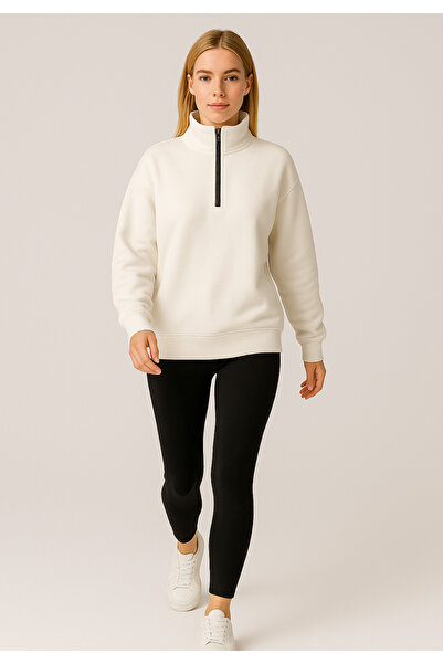 Arz giyim Oversize White Half Zip Sweatshirt – Women's High-Rise 70% Cotton Comfortable Fit