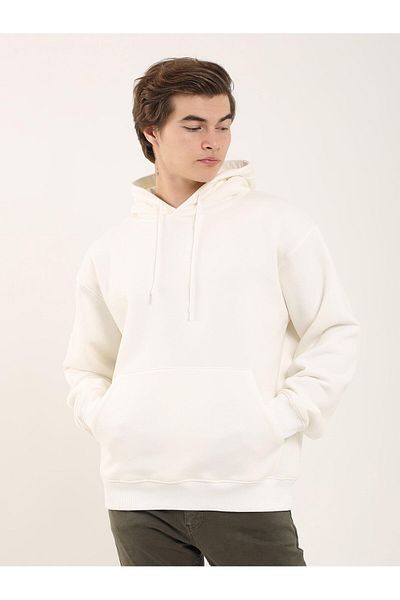 Dufy Ecru Men's Oversize Plain Cotton Hooded Sweat-Shirt - 103712