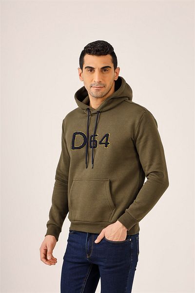 Dufy Khaki Men's Regular Fit Printed Hooded Sweat-Shirt - 91809
