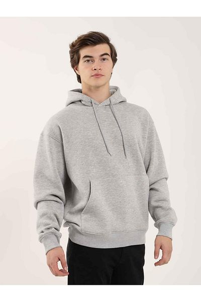 Dufy Gray Melange Men's Oversize Plain Cotton Hooded Sweat-Shirt - 103742