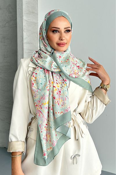 Stella Eşarp Ethnic Leopard Flower Pattern Green Color Soft Cotton Shawl