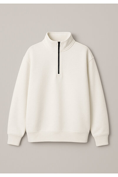 Arz giyim Oversize White Half Zip Sweatshirt – Women's High-Rise 70% Cotton Comfortable Fit