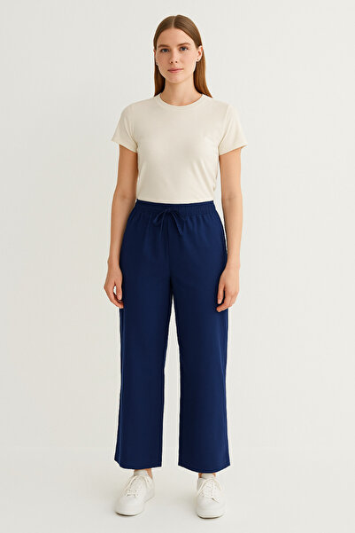 MORESUN Lace Detailed Wide Leg Elastic Waist Linen Trousers