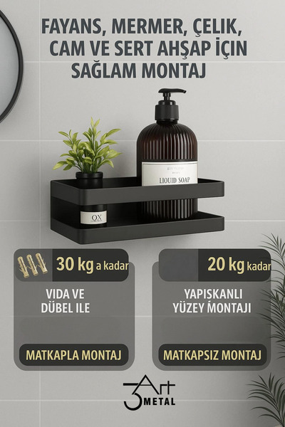3art Metal Metal Duvar Rafı – Mat Siyah Banyo ve Mutfak Düzenleyici, Vidalı v...