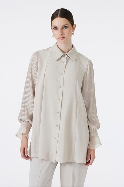 Zühre Buttoned Beige Tunic with Sleeve Detail T-1588