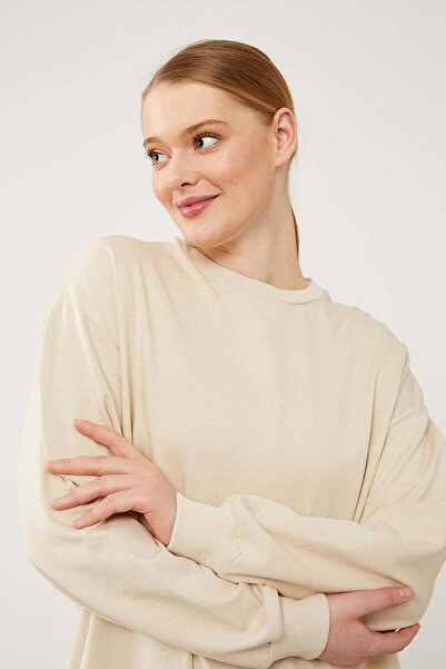 Levidor Bej Bisiklet Yaka Ribanalı Basic Sweat