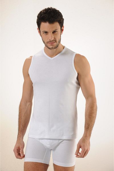 Hmd 513 3-Piece Ribbed 100% Cotton Zero Sleeve V-Neck Men's Undershirt - White