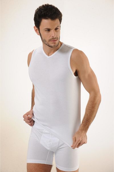 Hmd 513 Ribbed 100% Cotton Zero Sleeve V Neck Men's Undershirt - White