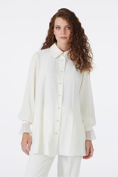 Zühre Buttoned Ecru Tunic with Sleeve Detail T-1588