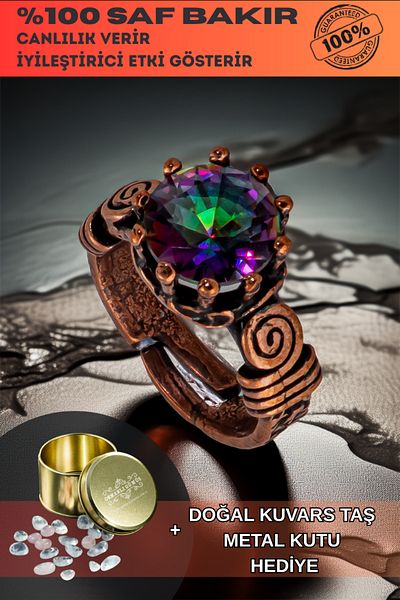 OSMANLI GÜMÜŞ Women's Copper Ring - Mystic Topaz Model 2 Tree Bark Model Thin Metal Box Bracelet with Quartz Stone