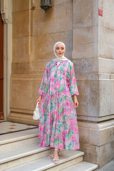 LOCCO Women's Peony Patterned Dress Fuchsia
