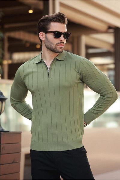 Madmext Khaki Polo Neck Zippered Knitted Sweater 7242