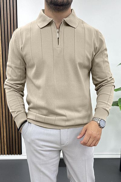 Edwox Men's Half Zip Polo Neck Seasonal Sweater Mink Edw401