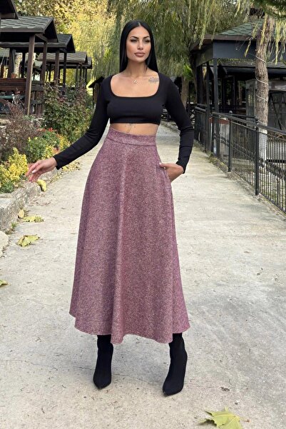 NEW LAVİVA Μπορντό ψηλόμεσο, τσέπες, κομμένο κιλό, μακριά φούστα