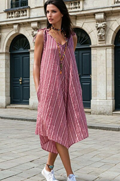 NEW LAVİVA Burgundy, V-Neckline, Stripe, Thin Straps, Pocket Detail, Loose Cu...