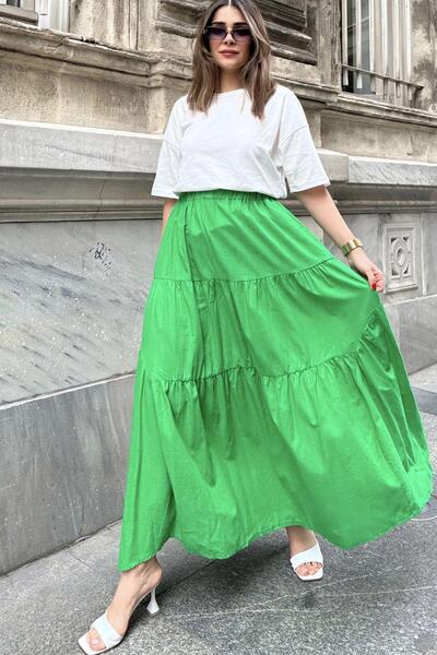NEW LAVİVA Γυναικεία πράσινη ασύμμετρη εφαρμογή, ελαστική μέση, ύφασμα με βολάν, μακριά βαμβακερή φούστα