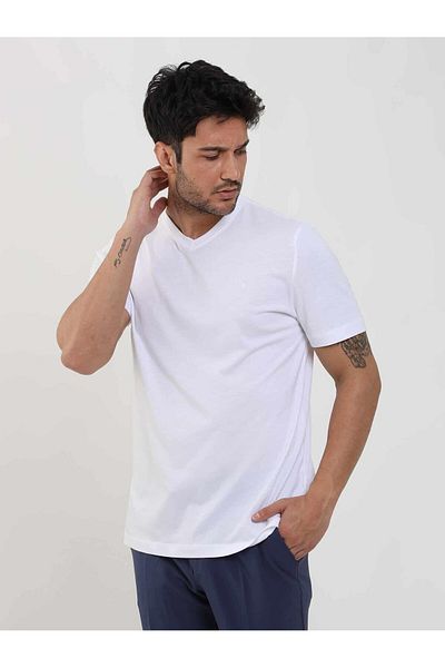 Dufy White Men's Slim Fit Plain V-Neck T-Shirt - 105558