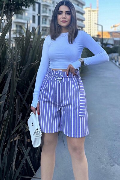 NEW LAVİVA Purple Gabardine Shorts - Belted, High Waist, Pleated, Relaxed Fit