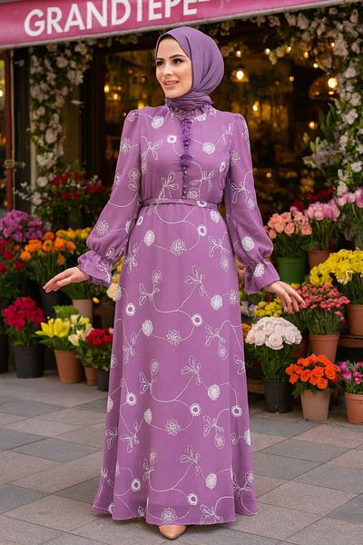 Neva Style Floral Patterned Lilac Hijab Dress 32944Lıla