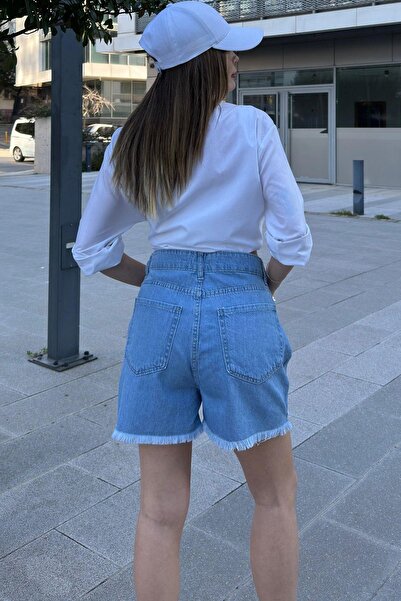 NEW LAVİVA Kadın Mavi Püsküllü Paça, Yüksek Bel, Rahat Denim-Kot Şort