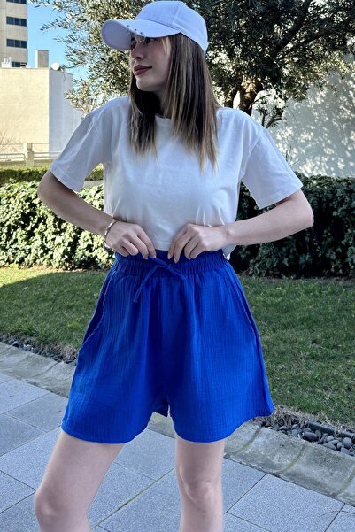 NEW LAVİVA Saks Women's Shorts - Pockets, Laces, Elastic Waist, Loose Muslin