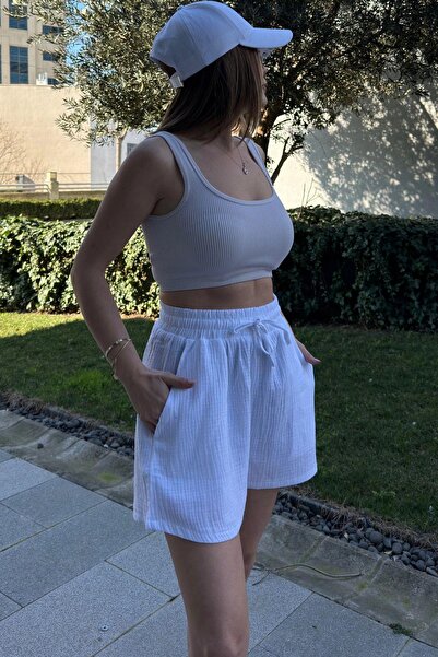 NEW LAVİVA White Pocketed and Laced Elastic Waist Casual Muslin Women's Shorts