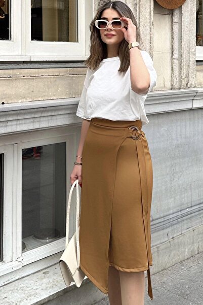 NEW LAVİVA Croială asimetrică maro pentru femei, detaliu cu cataramă și cravată laterală, fustă scuba