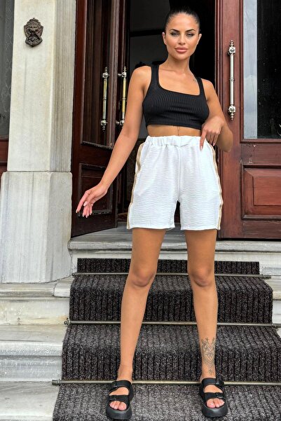 NEW LAVİVA Ecru Women's Shorts - Airobin Fabric, Straw Detail, Elastic Waist, Comfortable Cut