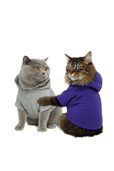 Buddy Store حزمة مزدوجة باللونين الرمادي والأرجواني - سويت شيرت بقلنسوة مصنوع من القطن بنسبة 100% للقطط والقطط المتوسطة