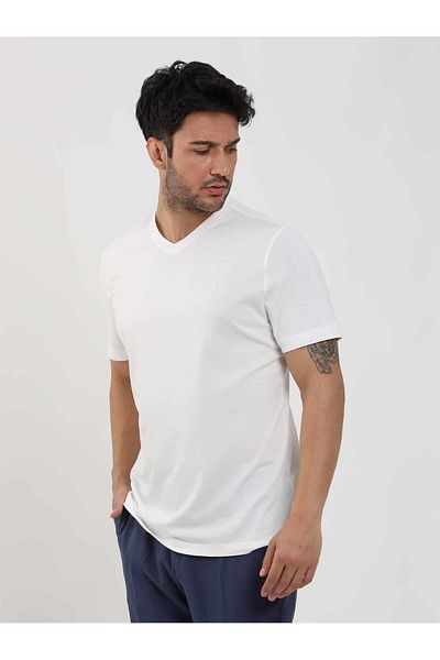 Dufy Ecru Men's Slim Fit Plain V-Neck T-Shirt - 105564