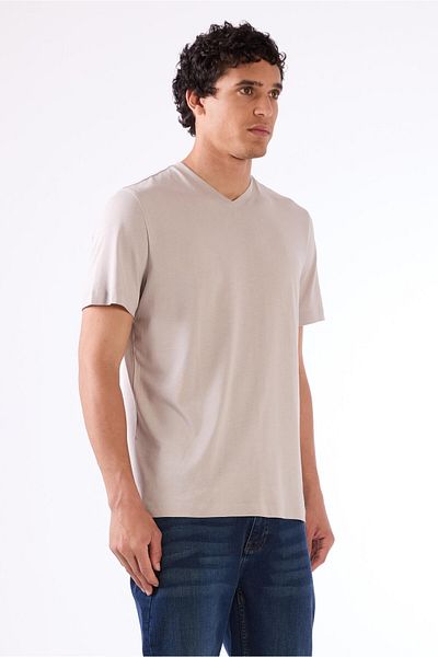 Dufy Gray Melange Men's Slim Fit Plain V-Neck T-Shirt - 105648