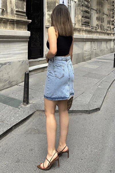 NEW LAVİVA Fusta mini din denim cu buzunar cu nasturi cu talie înaltă spălată cu zăpadă