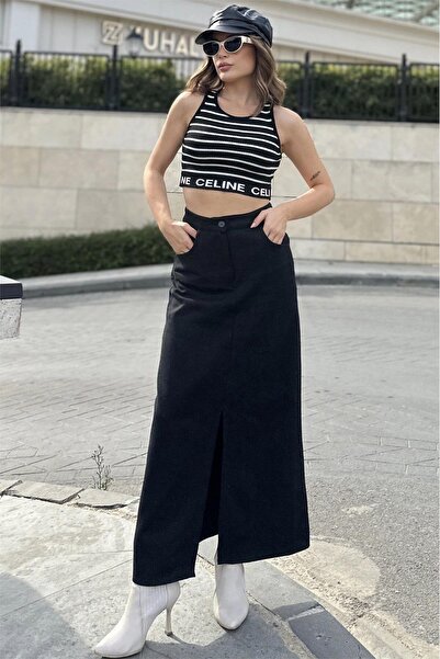 NEW LAVİVA Women's Black Half Slit Front, High Waist, Pocket Long Gabardine Skirt