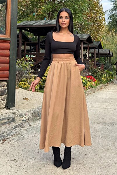 NEW LAVİVA Camel elastic cu talie înaltă, linie A, fluidă și lejeră, fustă lungă cupra