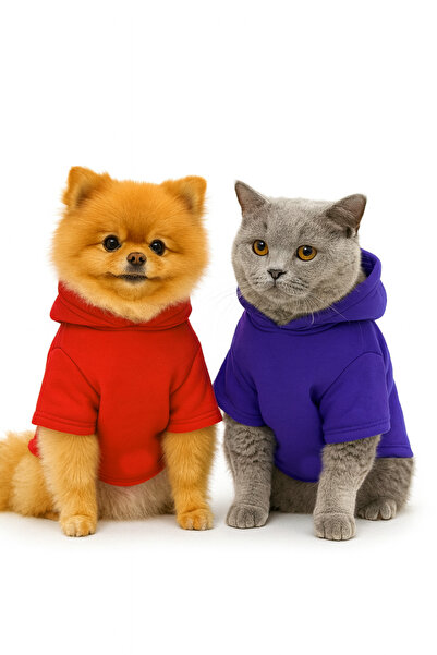 Buddy Store سويت شيرت بغطاء للرأس باللونين الأحمر والأرجواني - 100% قطن، للقط...