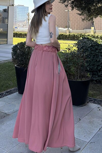 NEW LAVİVA Women's Pink Elastic Waist, Pockets Straw Embroidered, Comfortable Fit, Long Kiloş Skirt