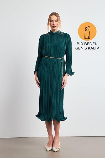 Setre Green Turtleneck Waist Belt Detailed Midi Length Wide Fit Dress
