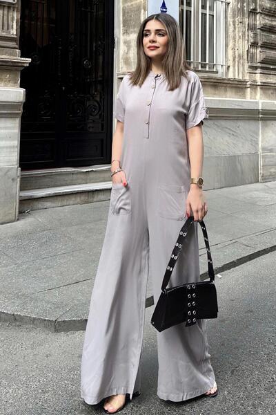 NEW LAVİVA Women's Gray High End Collar, Short Sleeve, Front Pouch Pocket, Loose Fit, Belmondo Safari Jumpsuit