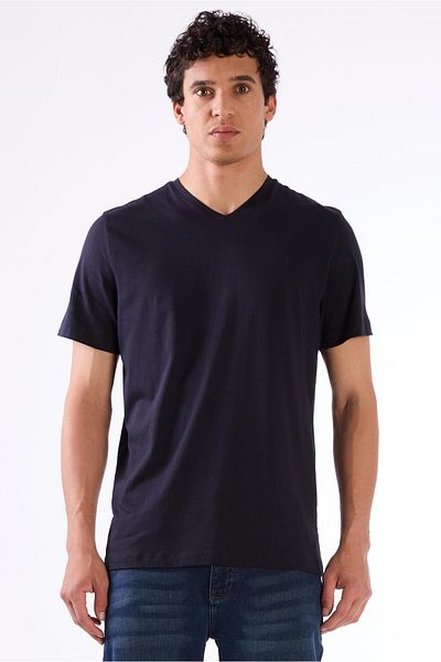 Dufy Navy Blue Men's Slim Fit Plain V-Neck T-Shirt - 105594