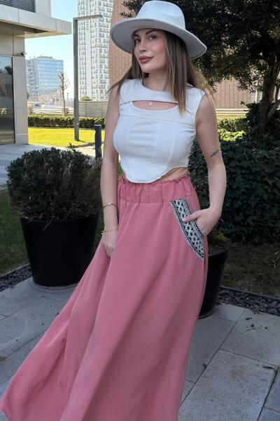 NEW LAVİVA Women's Pink Elastic Waist, Pockets Straw Embroidered, Comfortable Fit, Long Kiloş Skirt