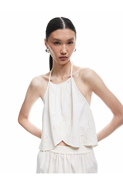 Koton Cotton Halter Neckline Scalloped Embroidered Halter Neckline Blouse