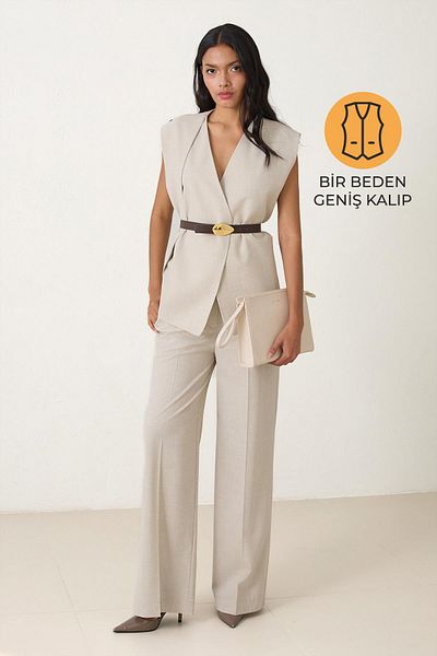 Setre Beige Asymmetric Closure Wide Fit Vest with Waist Belt Detail