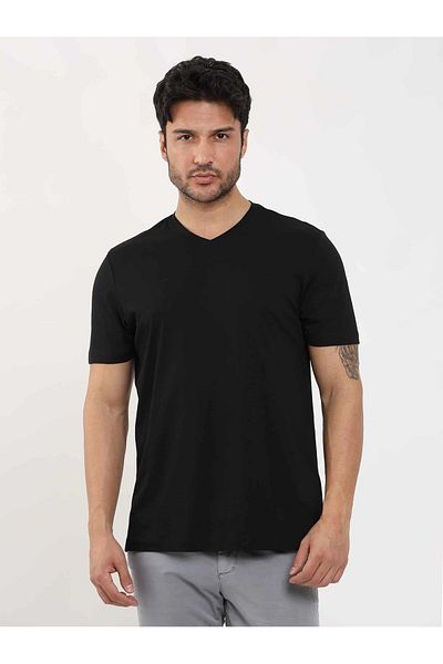 Dufy Black Men's Slim Fit Plain V-Neck T-Shirt - 105636