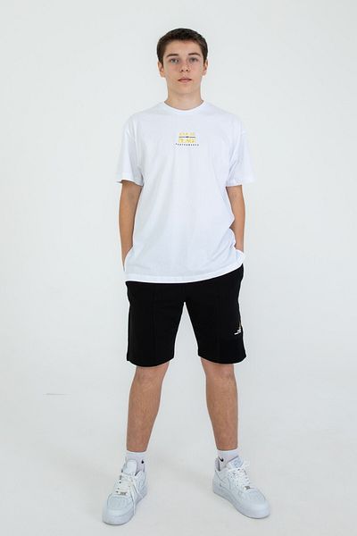 Black One Print Detailed Double Pocket Shorts Summer Crew Neck Boy's Bottom Top Set